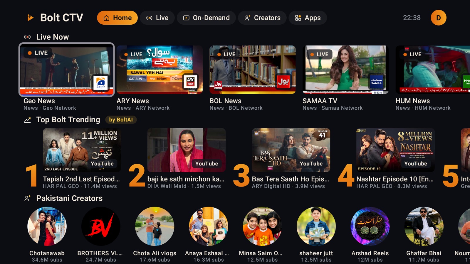 The Bolt CTV home screen on a television: Live Now channels, Top Bolt Trending by BoltAI, and Pakistani creators.
